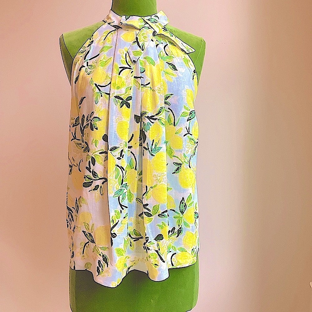 Linen Halter Top NWT in light blue with yellow and green lemons